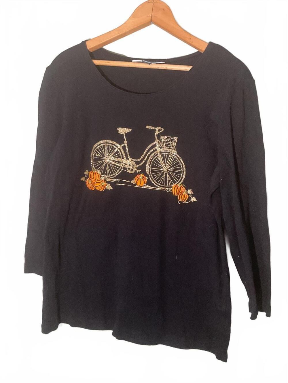 Karen Scott Black Long Sleeve T-Shirt with Bicycle and Pumpkin Design, Medium